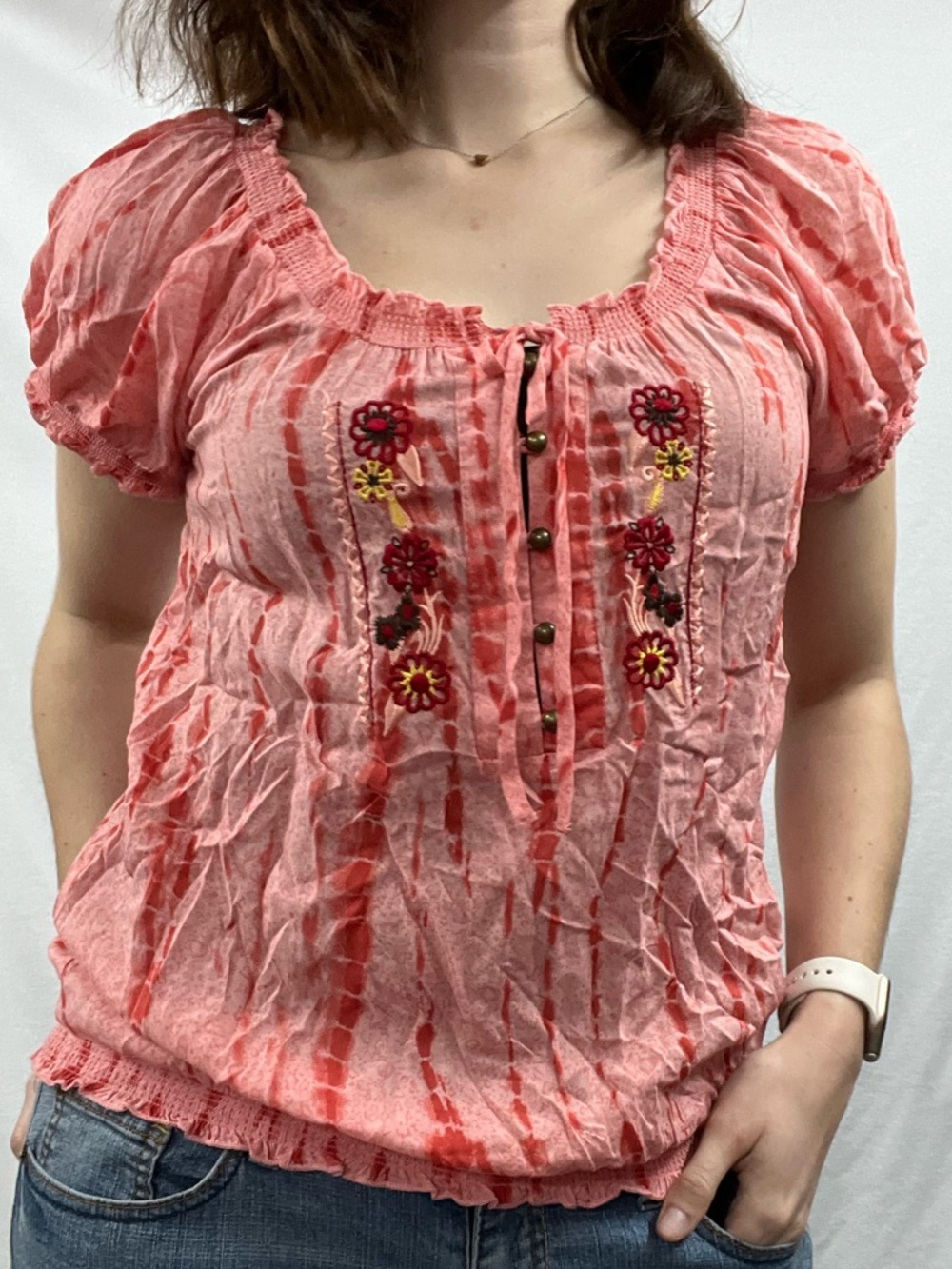 Unity World Wear Coral Pink Embroidered Tie-Dye Peasant Top